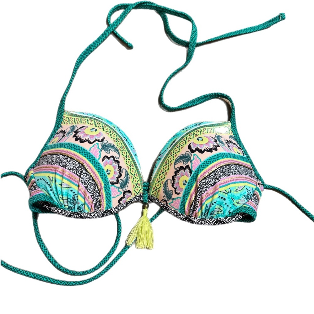 Shade & Shore Teal and Yellow Patterned Bikini Top